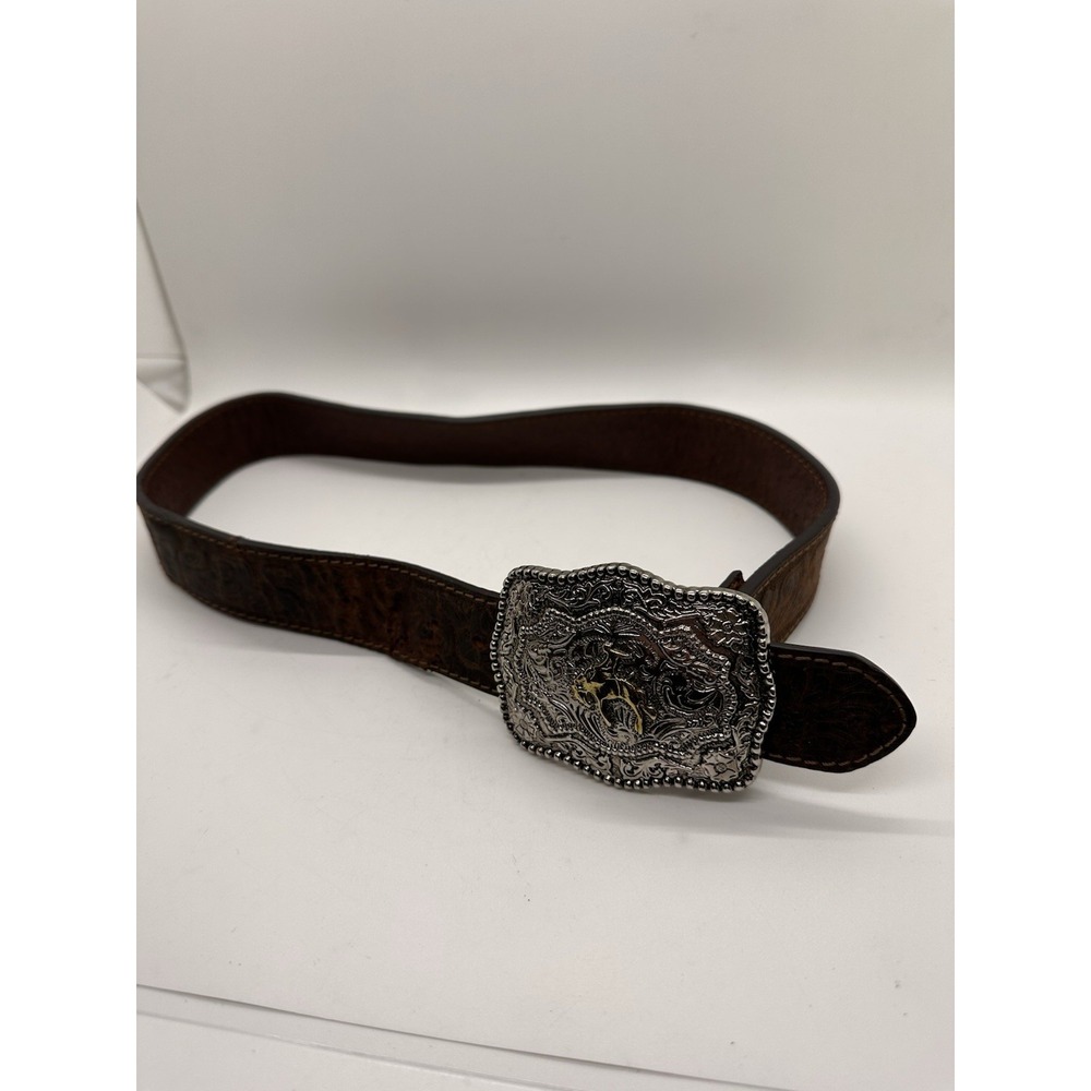 Kids Western Tooled Brown Leather Belt Bull‎ Rider Silver Gold Buckle Cowboy 29"